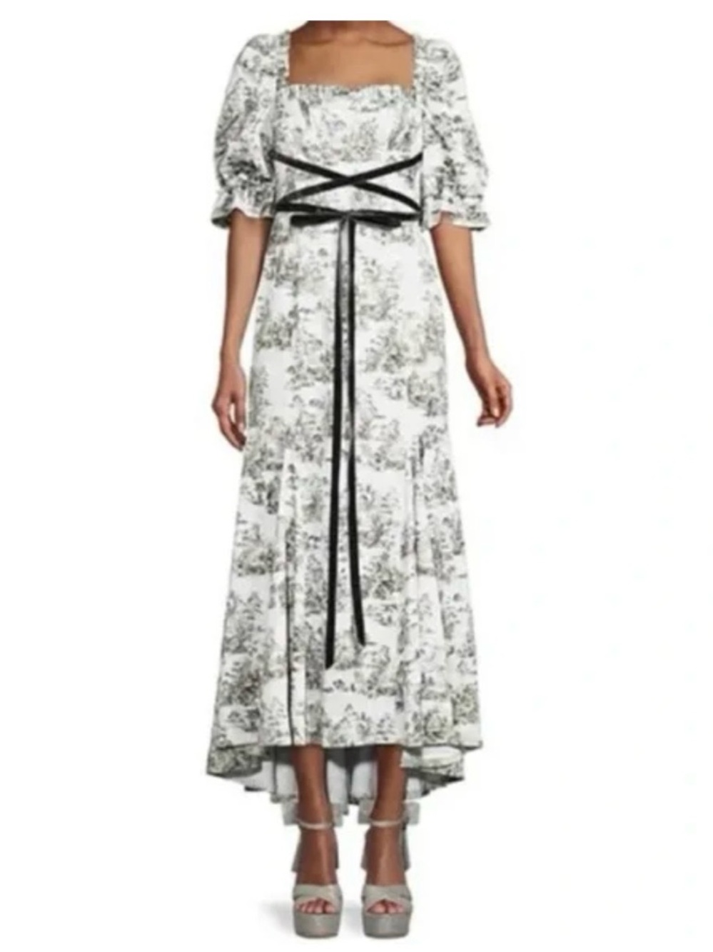 Off-Shoulder Gray Toile Print Midi Dress with Waist Tie - Picture 4 of 4